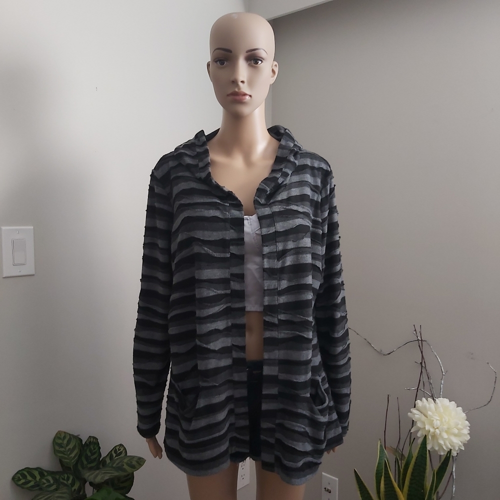 Apropos USA women's stripes black gray hooded cardigan Large